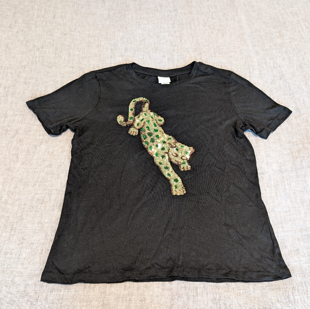 H&M Gold Sequin Leopard Short Sleeve Top Black Size XS NWT